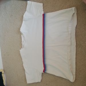 White T-shirt w/ red,blue,grey,cream stripes